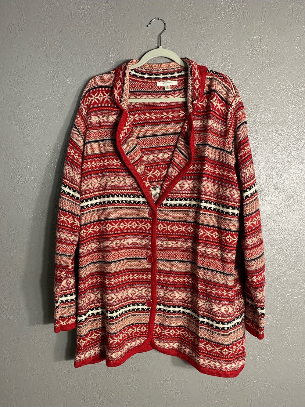 Liz Claiborne Fair Isle Cozy Warm Cardigan Sweater 2X Red Shawl Collar